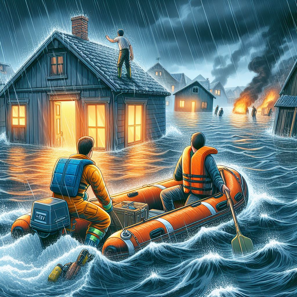 Dubai Flood Rescue: 3D Cartoon Scene with Rescuers in Action