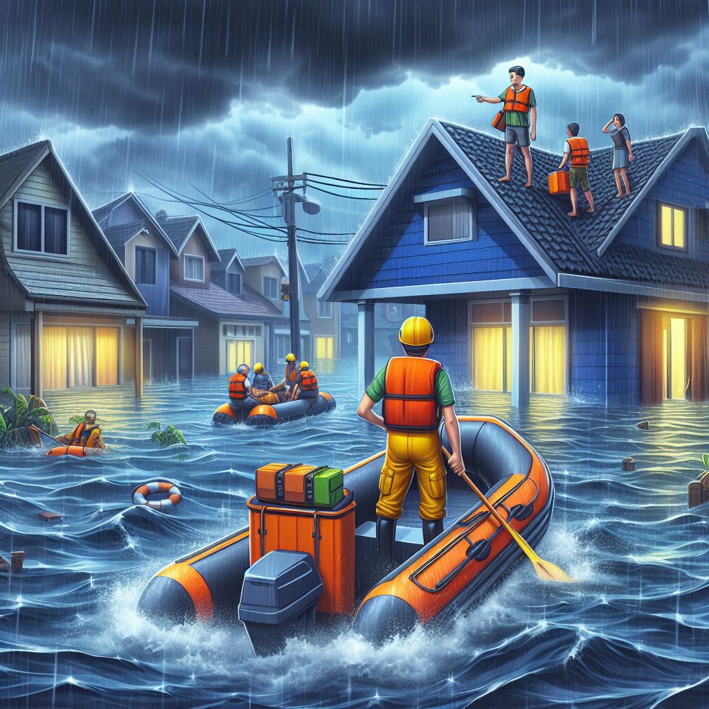 Dramatic Flood Rescue Scene in Dubai: 3D Cartoon Illustration