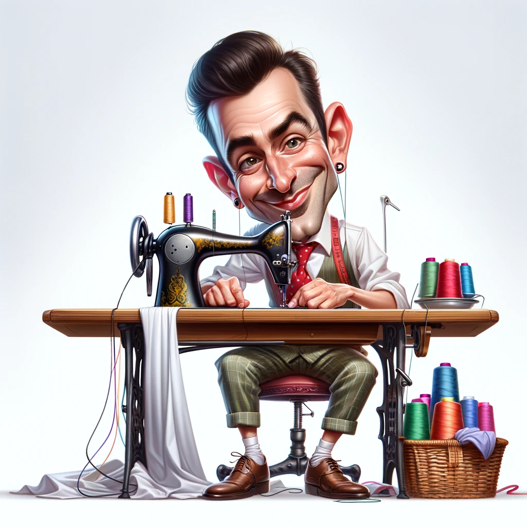 Cartoon Tailor Character Sewing Machine Caricature