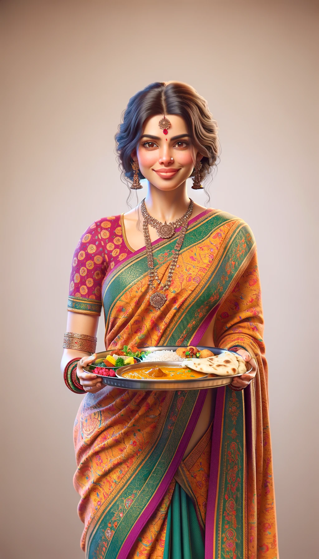 Free Download: Indian Woman in Saree Holding Plate of Indian Food