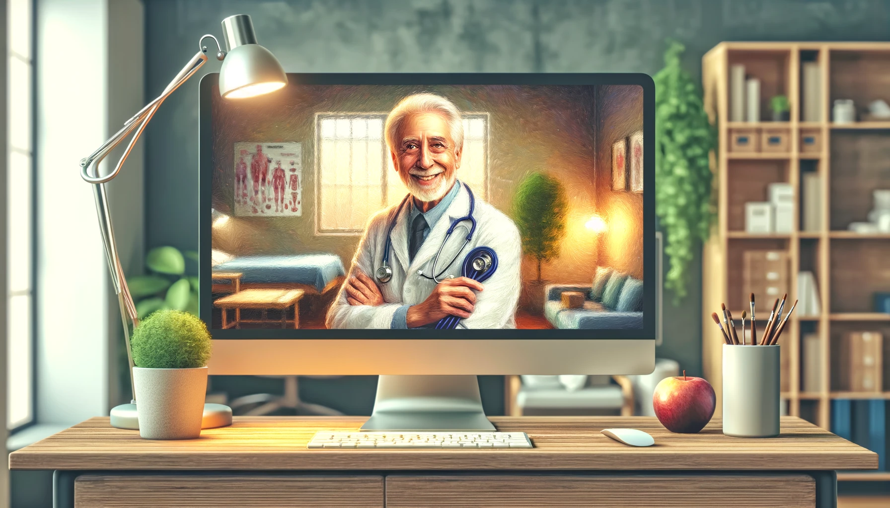 Free Download: Cheerful Doctor in Yellow Shirt Pointing Up from Laptop