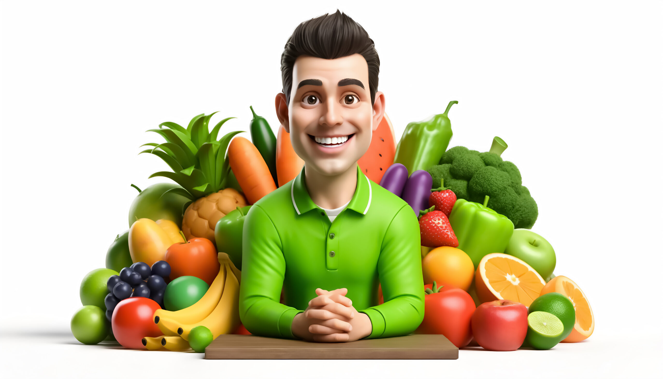 Diet Planner Cartoon: 3D Caricature with Colorful Fruits and Vegetables