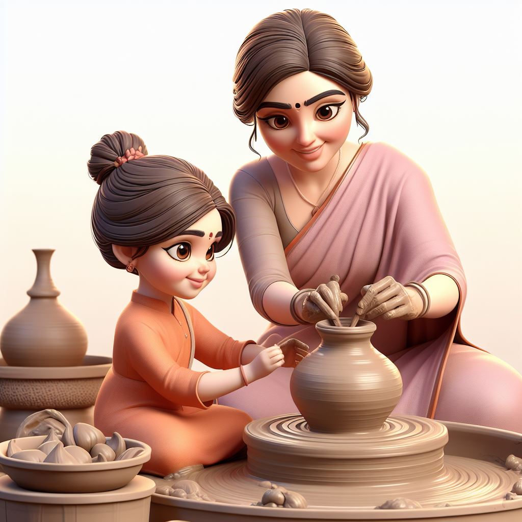 Download Now: Traditional Indian Woman Decorating Clay Pot Cartoon