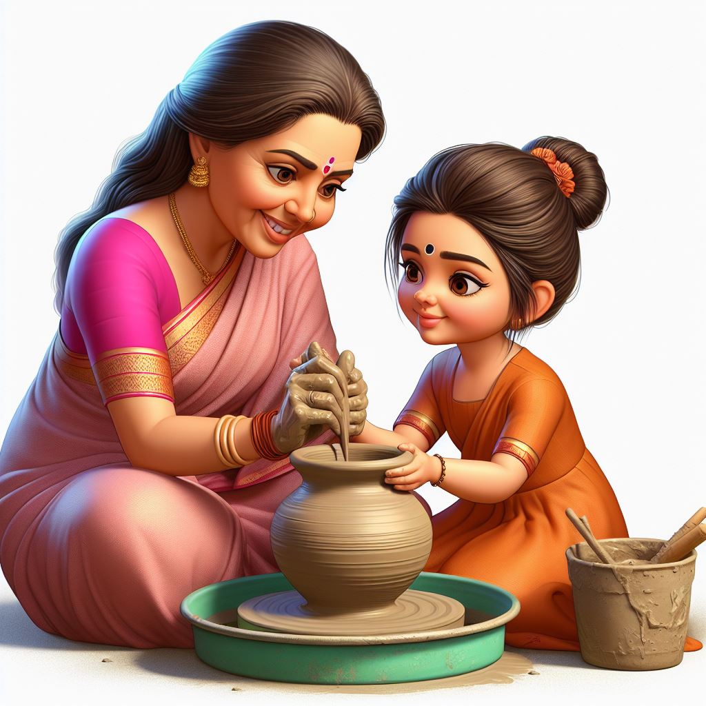 Download Here: Indian Woman in Bright Saree Painting Pot Illustration