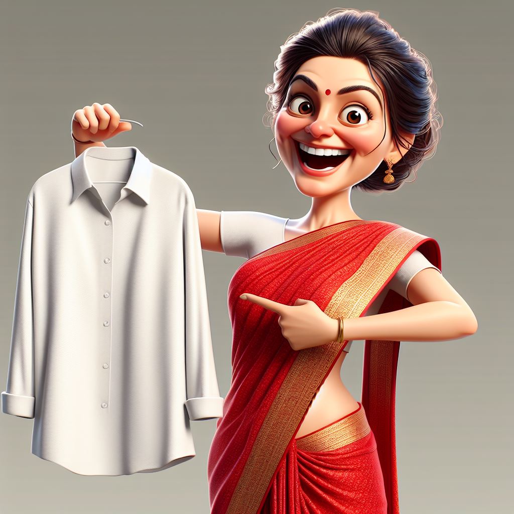 Download Now: Fictional Indian Woman Proudly Displaying Clean Shirt Cartoon