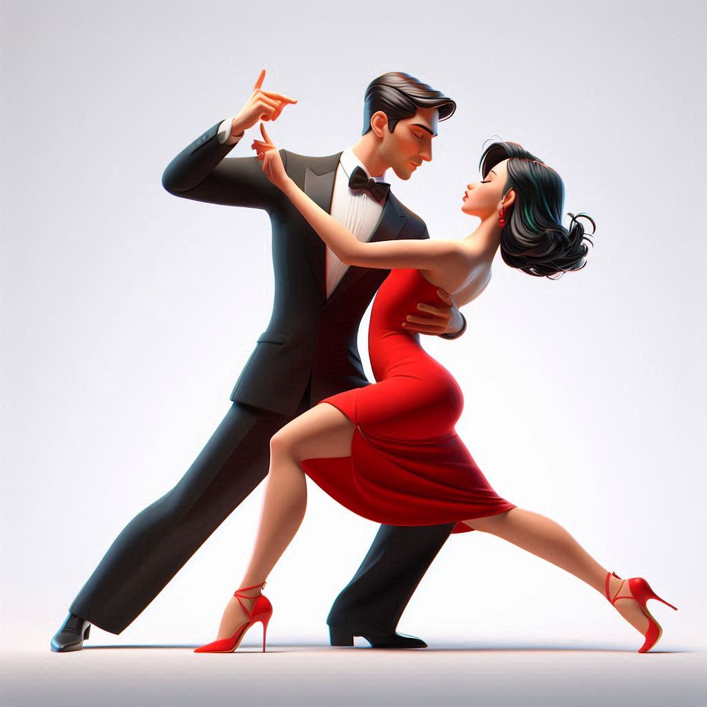 Elegant tango dancers - Man in black tuxedo and woman in red dress