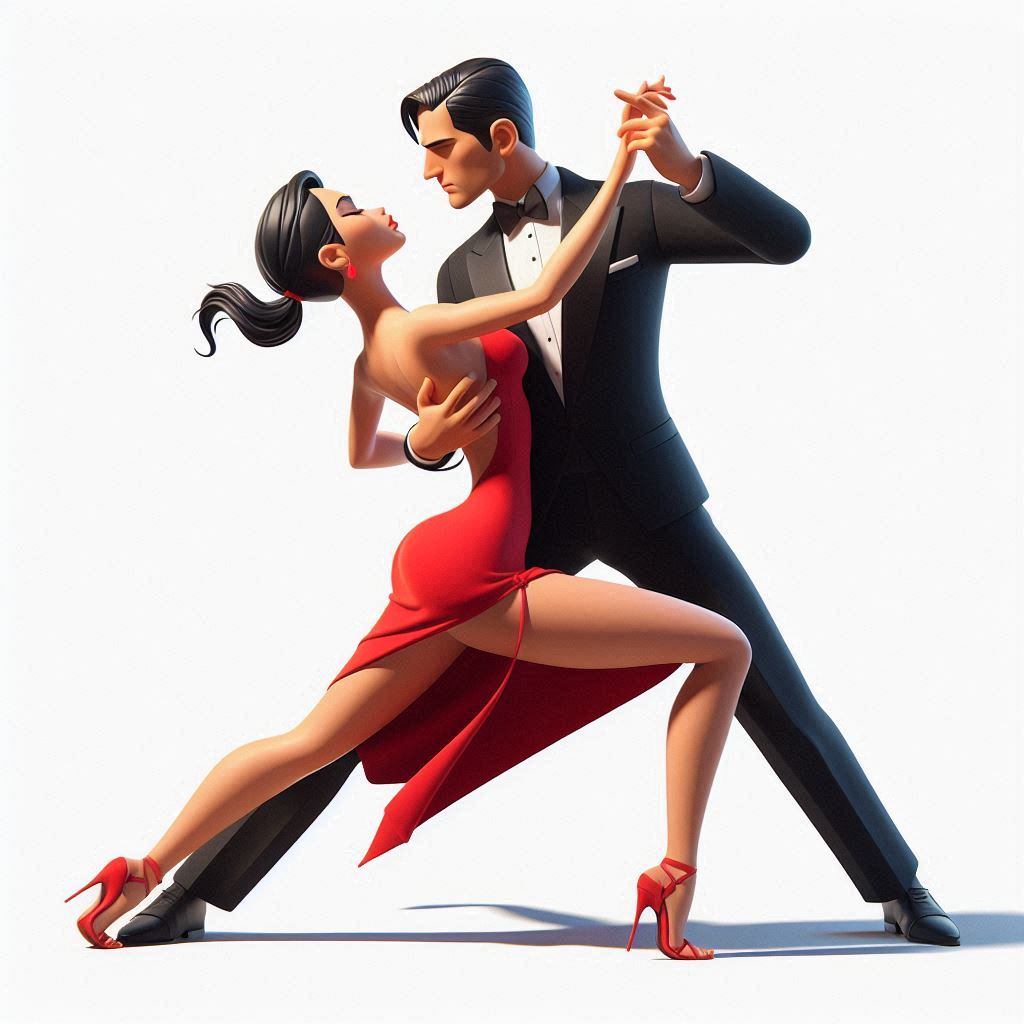 Sensual tango dance - Man and woman in black tuxedo and red dress