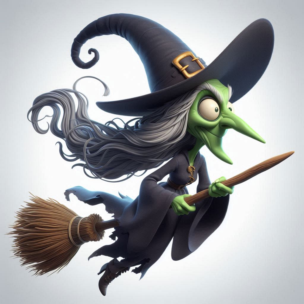 Free AI Prompt: Create a 3D Caricature of a Witch Flying on Broomstick