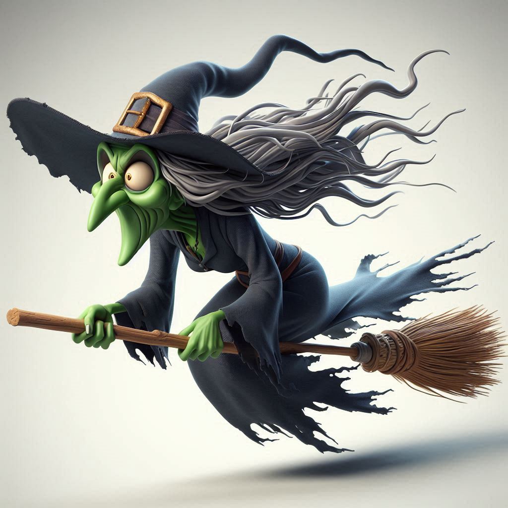 Free AI Prompt: Create a 3D Caricature of a Witch in Flight