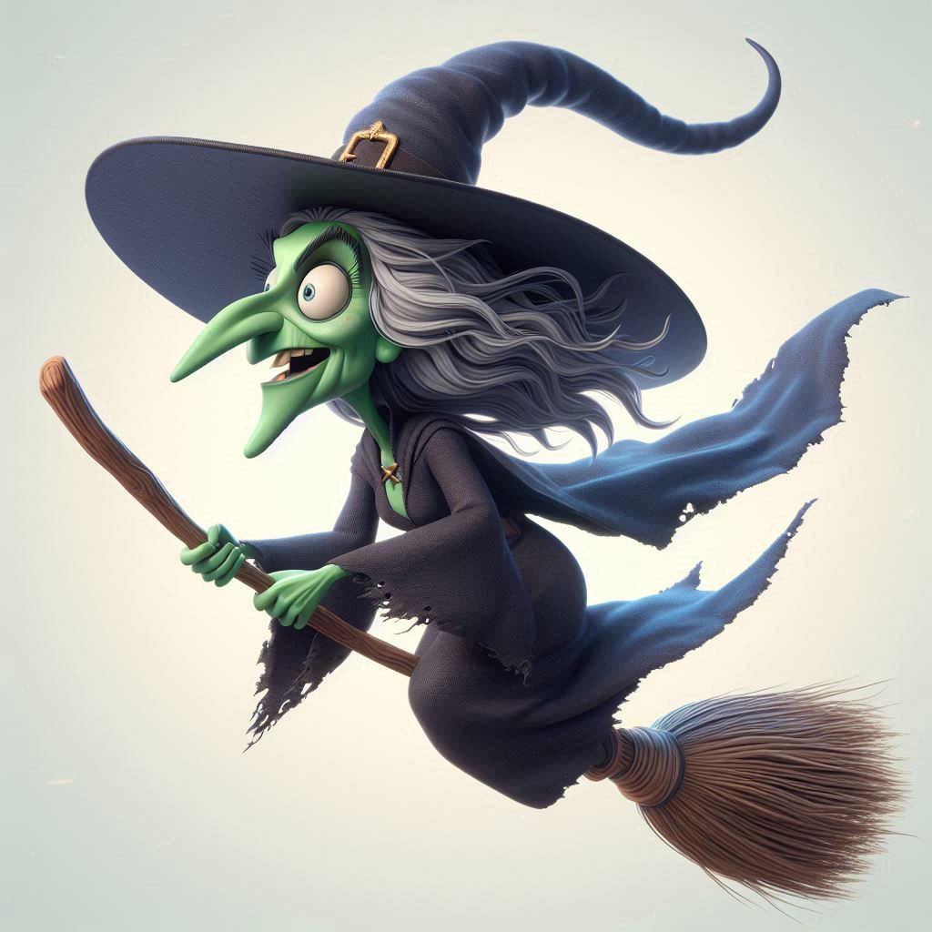 AI Caricature Generator: 3D Rendering of a Witch Flying with Broomstick