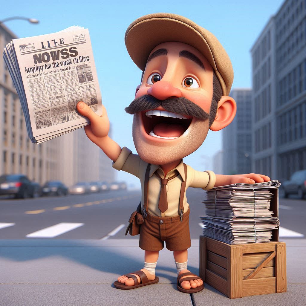 Free AI Prompt: 3D Rendering of a Humorous Newspaper Vendor Caricature