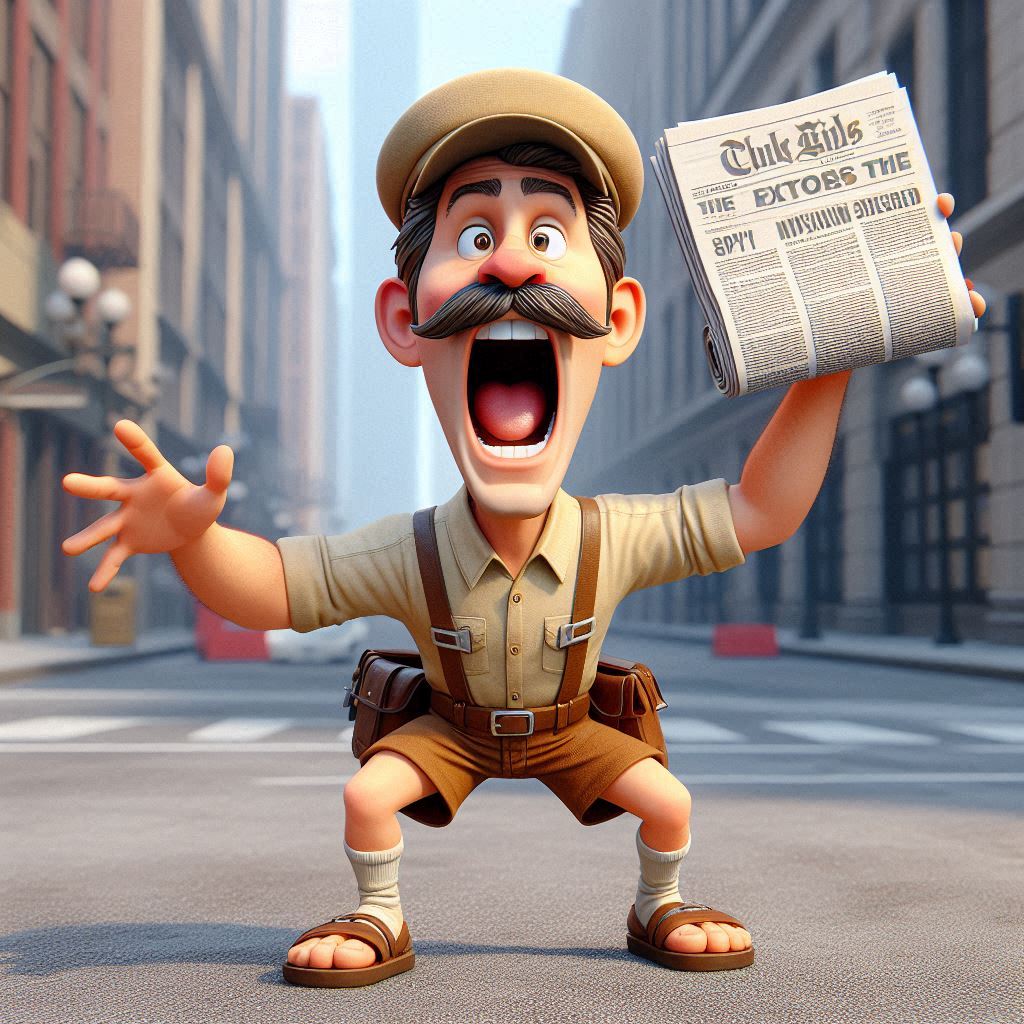 Free AI Prompt: 3D Rendering of a Caricatured Newspaper Vendor