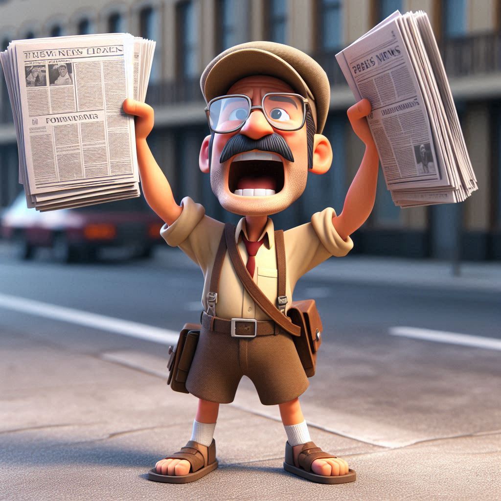 Free AI 3D Rendering: Caricature of a Humorous Newspaper Vendor