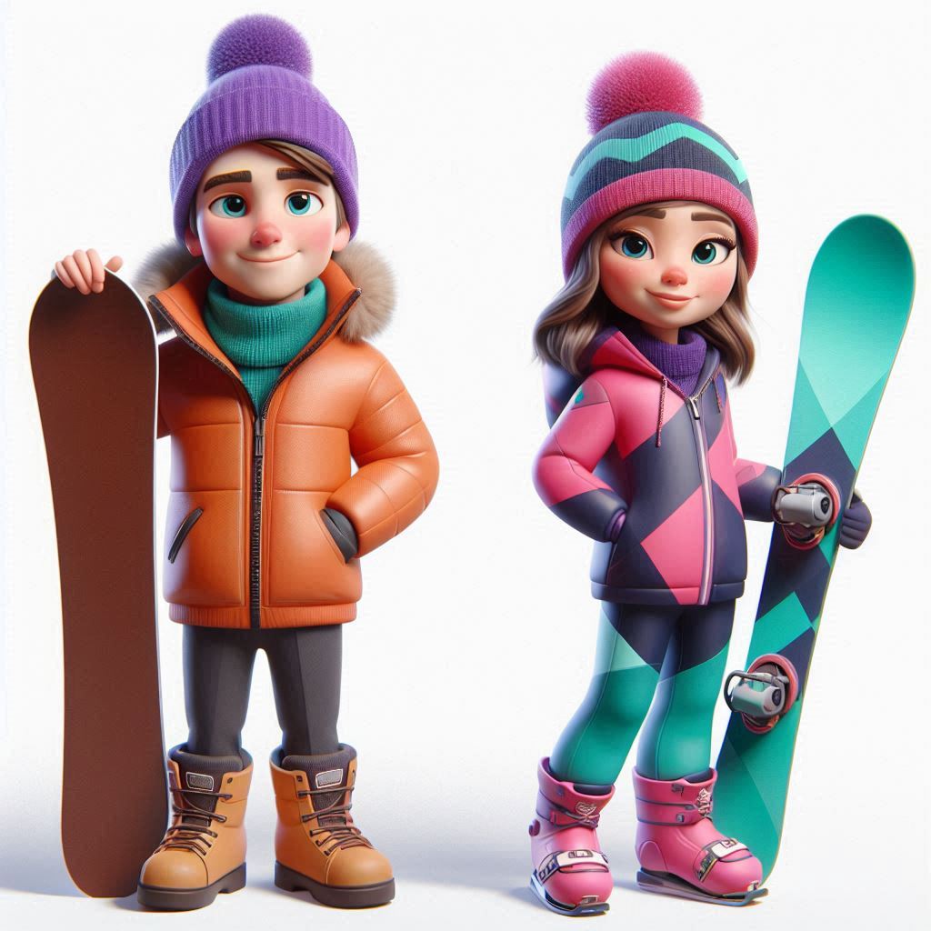 Free AI Prompt: Create 3D Pixar-Style Caricature of Young Couple in Winter Sports Attire