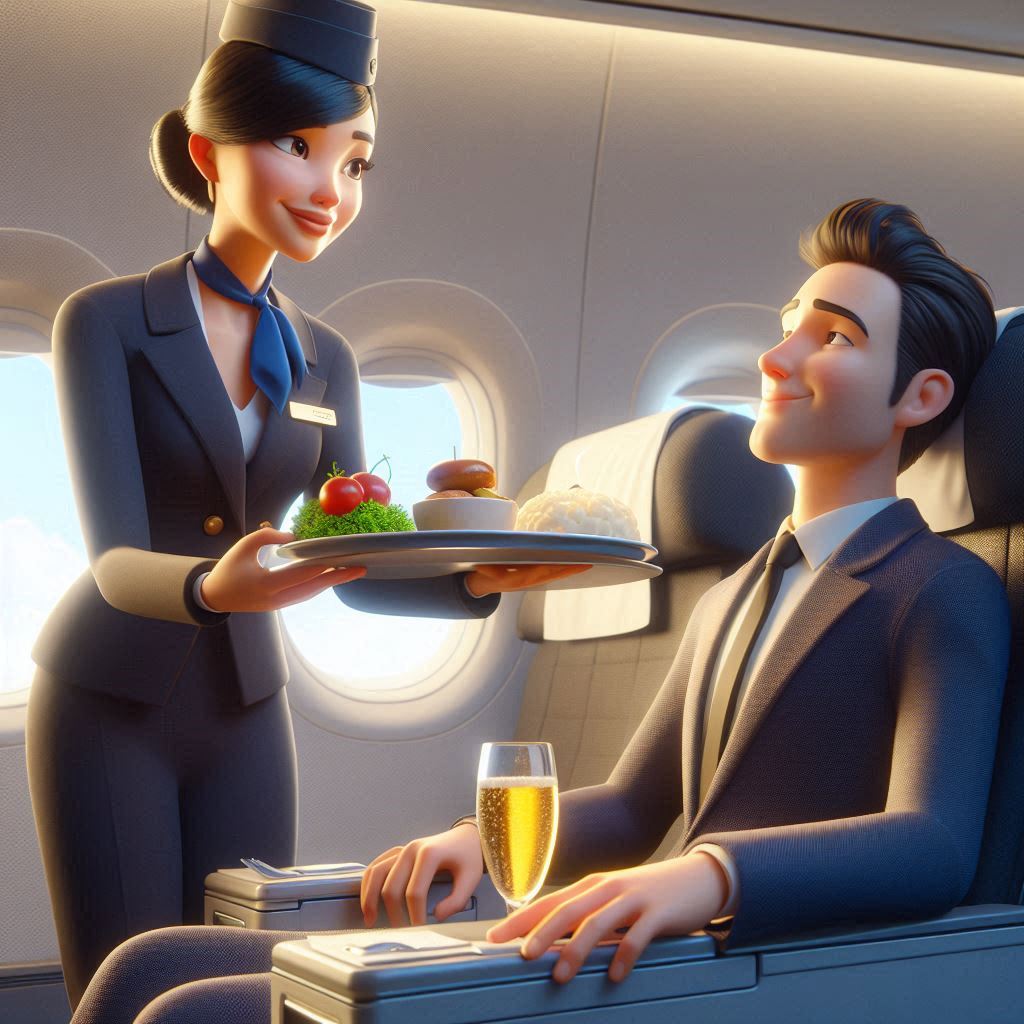 Free AI Prompt: 3D Animated Flight Attendant Serving Passenger