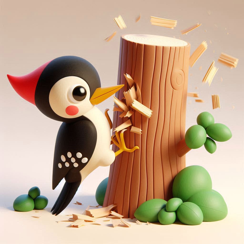 3D Woodpecker in Action: Busy Bird Pecks Away at Tree (Vivid Colors!)