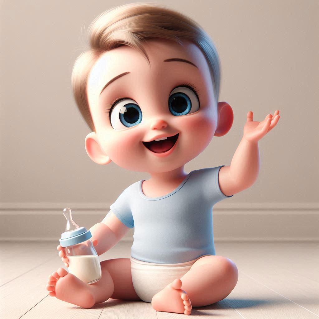 Happy baby with bright eyes holding milk bottle in 3D