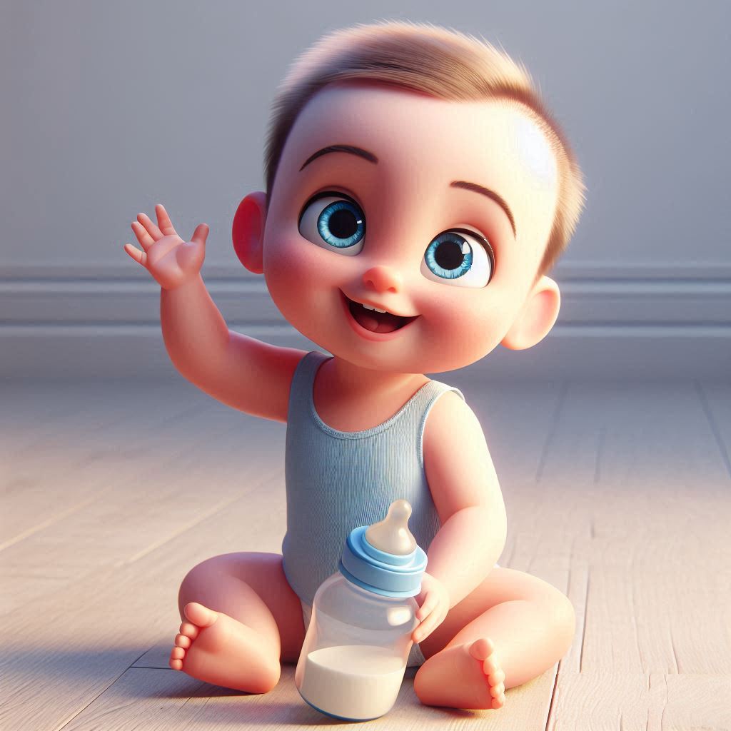 Joyful baby with milk bottle in cute 3D illustration