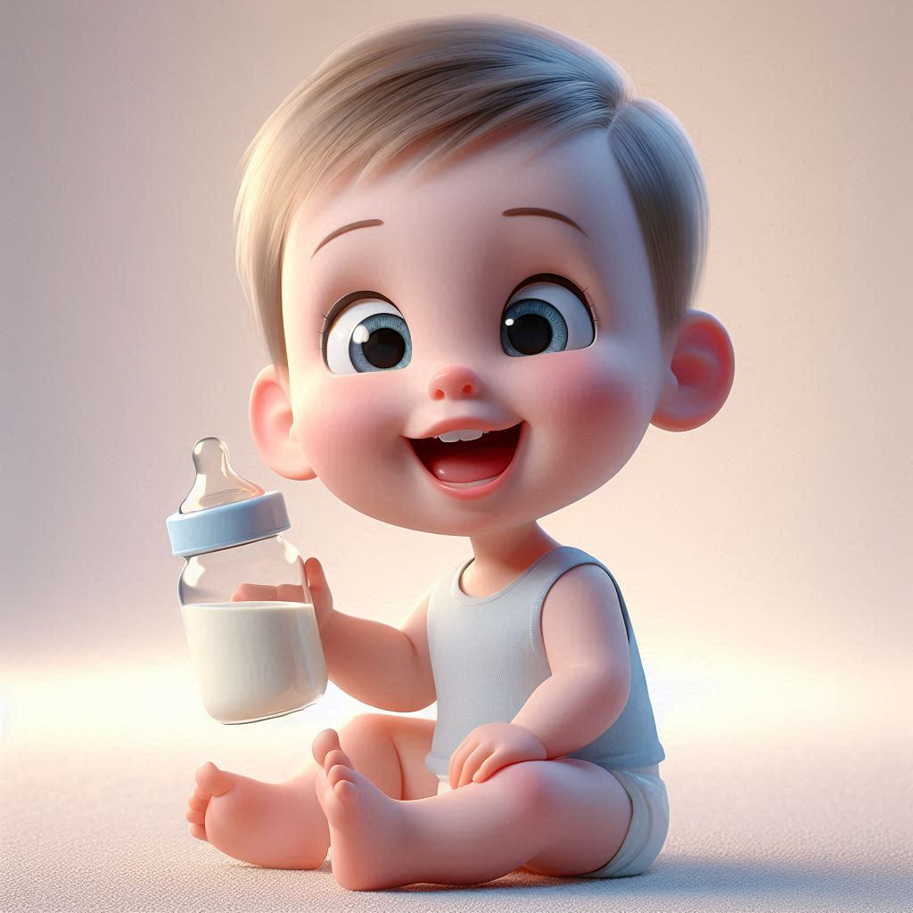 3D illustration of joyful baby sitting with milk bottle