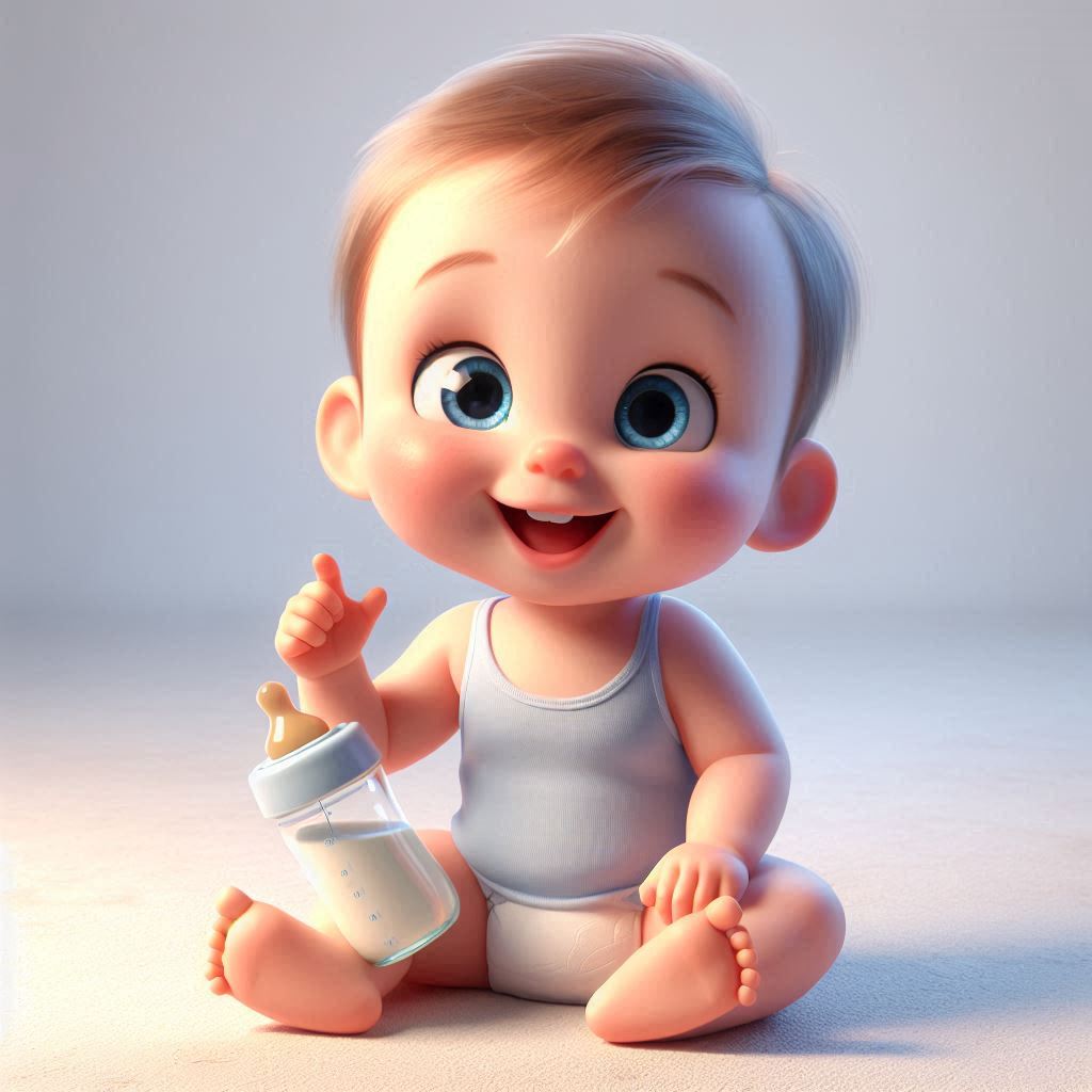 Lively baby with milk bottle in heartwarming 3D render