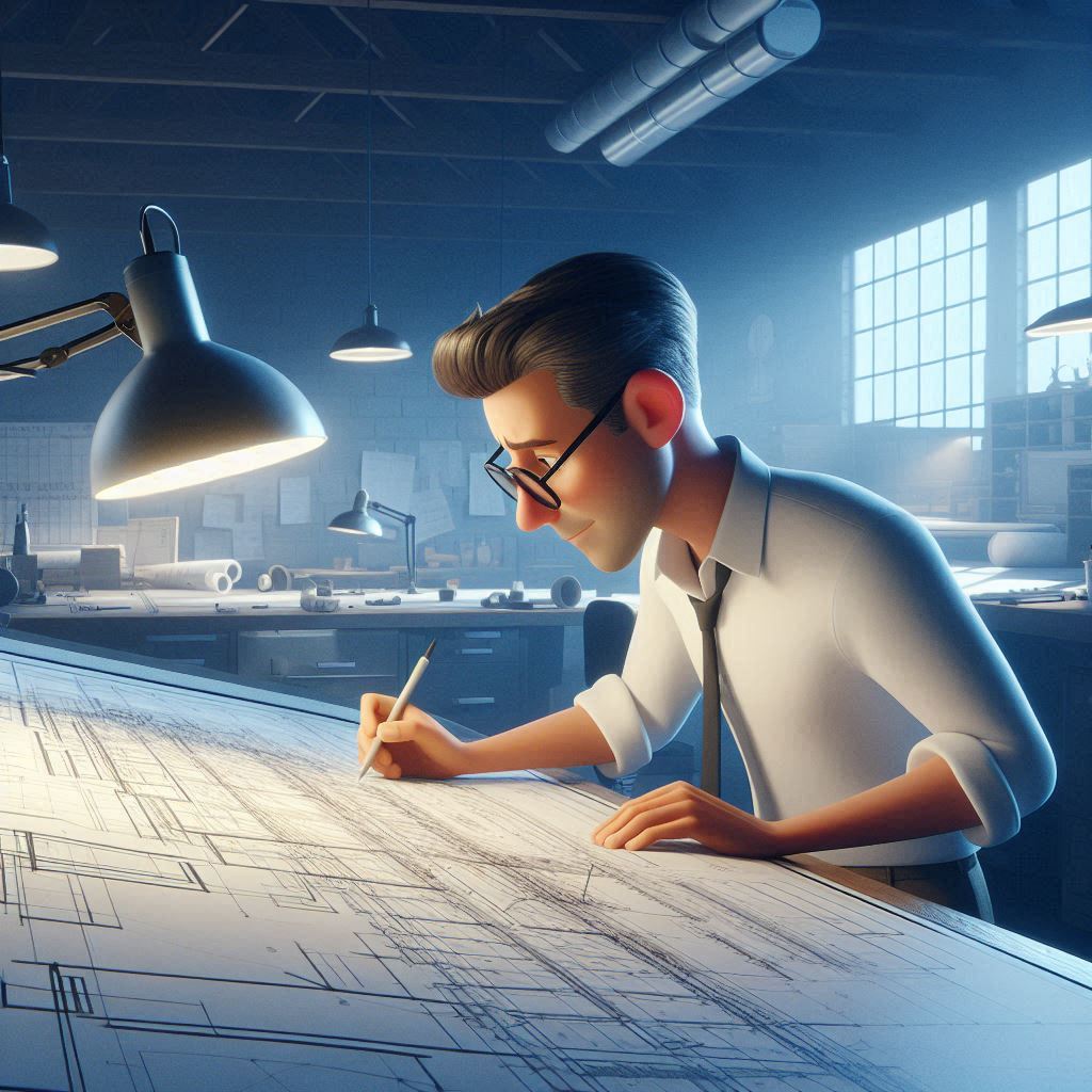 Engineer Working on Complex Blueprint