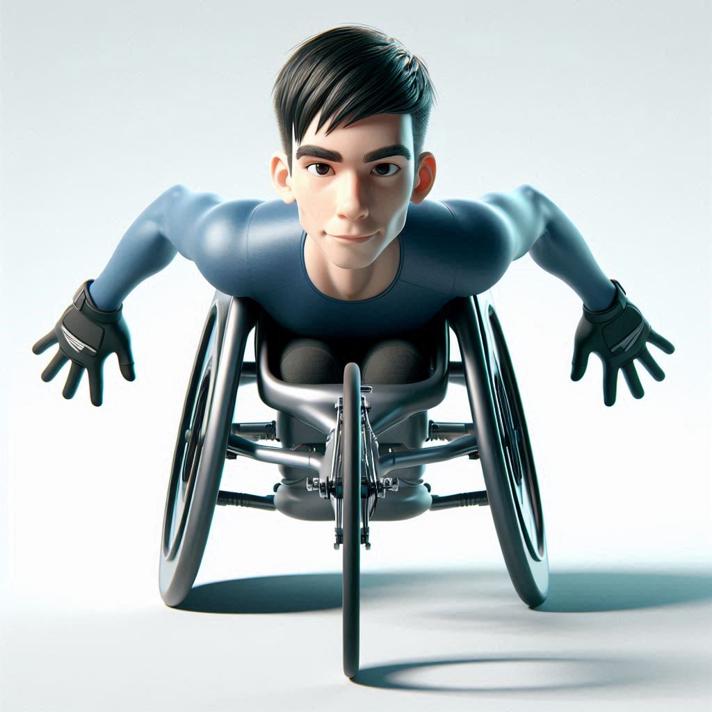 Athlete in racing wheelchair with blue shirt 3D illustration