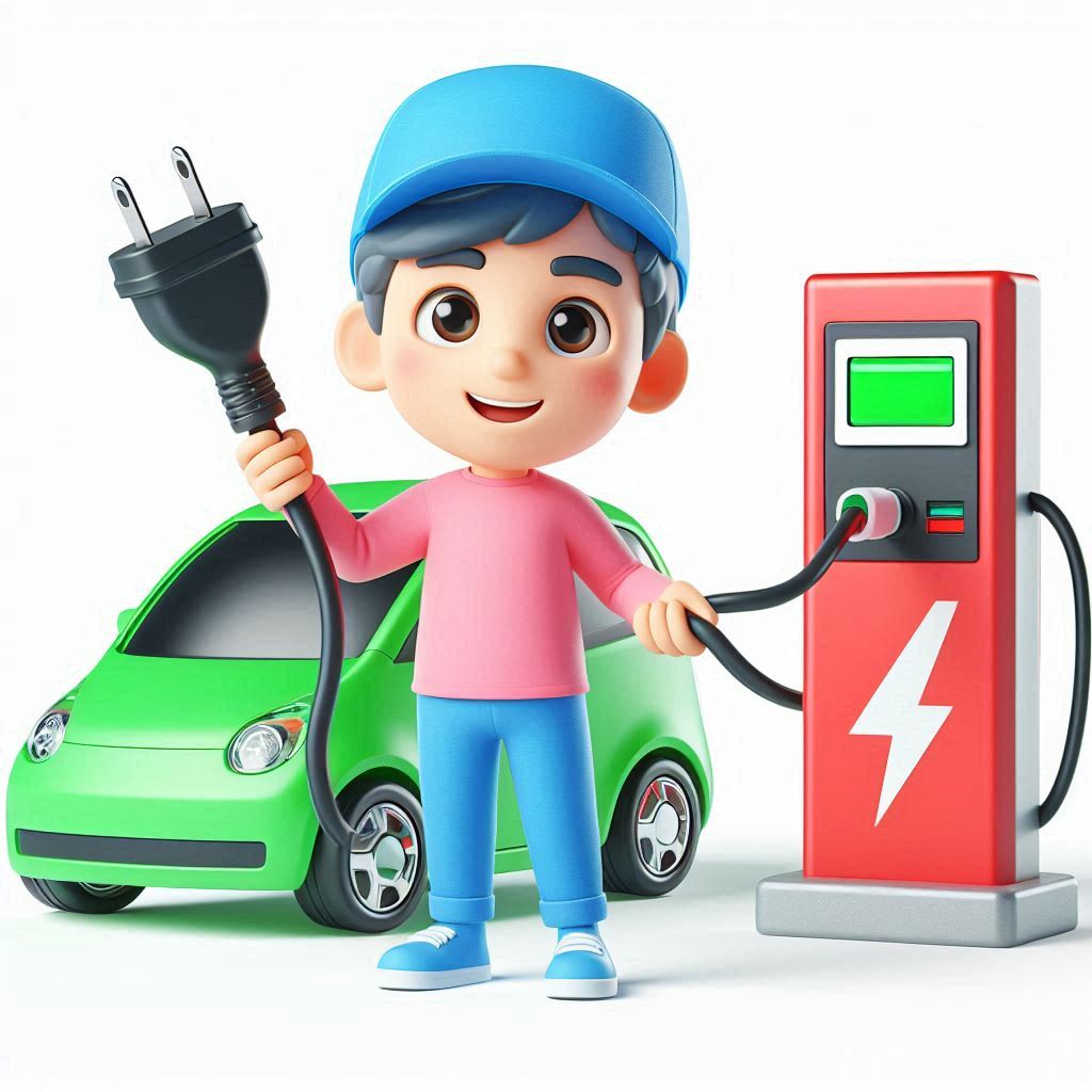 Power Up in Style: 3D Cartoon Showcases Electric Car Charging with Man in Pink