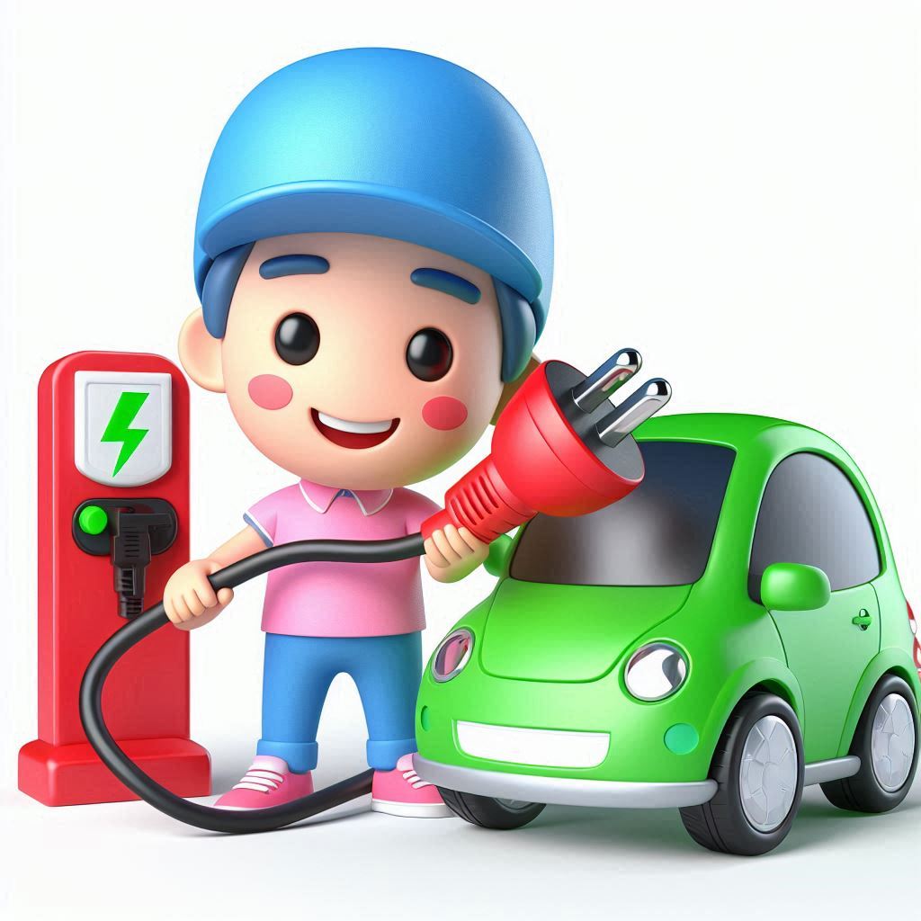 Smiling Man in Pink Charges Green Electric Car with Giant Plug - Playful 3D Animation