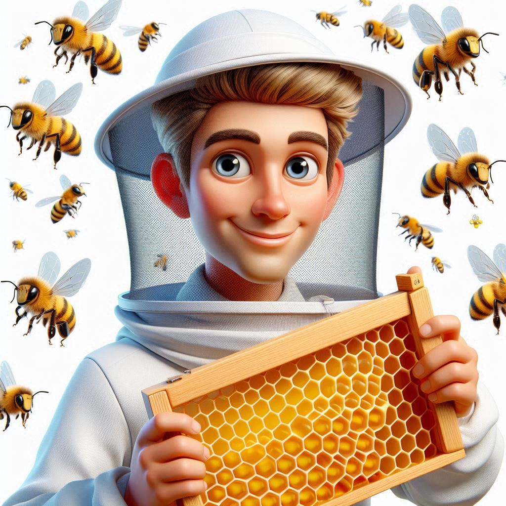 Beekeeper Caricature Holding Honeycomb Frame: 3D Render