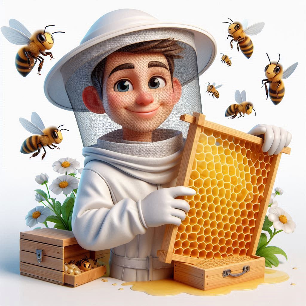 3D Beekeeper Caricature in Protective Suit: Cheerful Scene