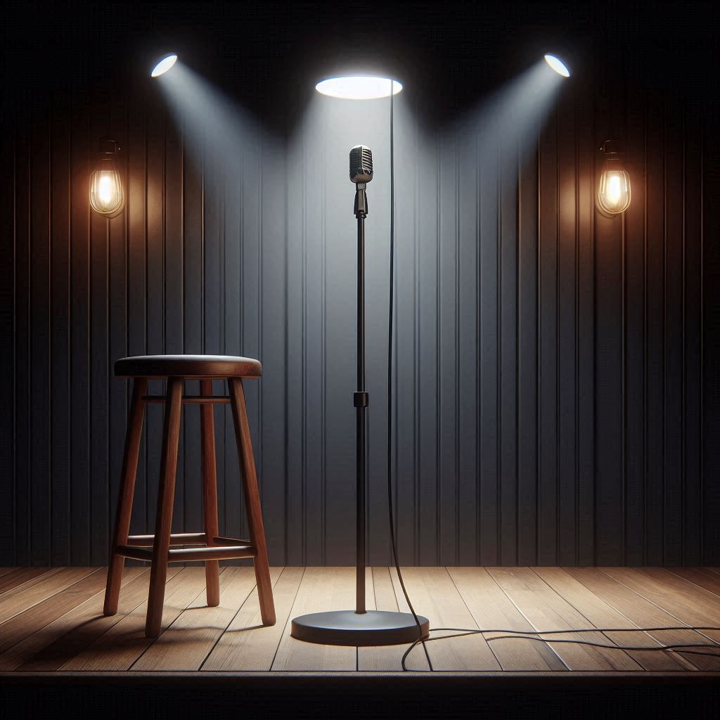 Stand-Up Comedy Stage: Modern Microphone and Wooden Stool