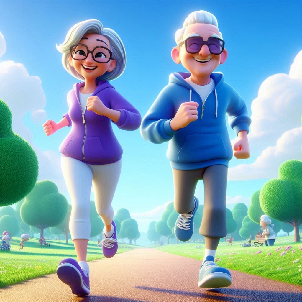 Laughter and Laces: Playful 3D Scene of Senior Couple Jogging in the Park