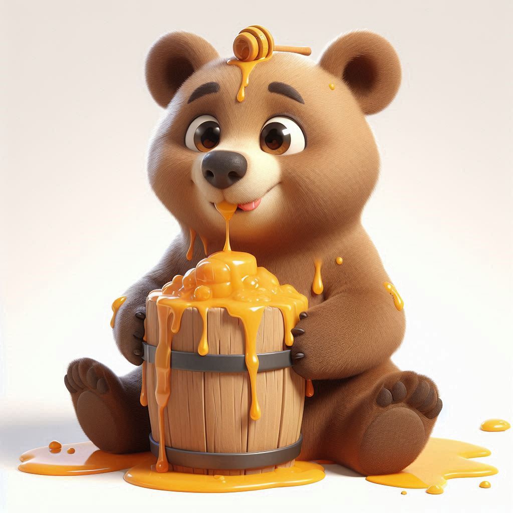 Free AI Prompt: Create 3D Animated Image of Bear with Honey Bucket