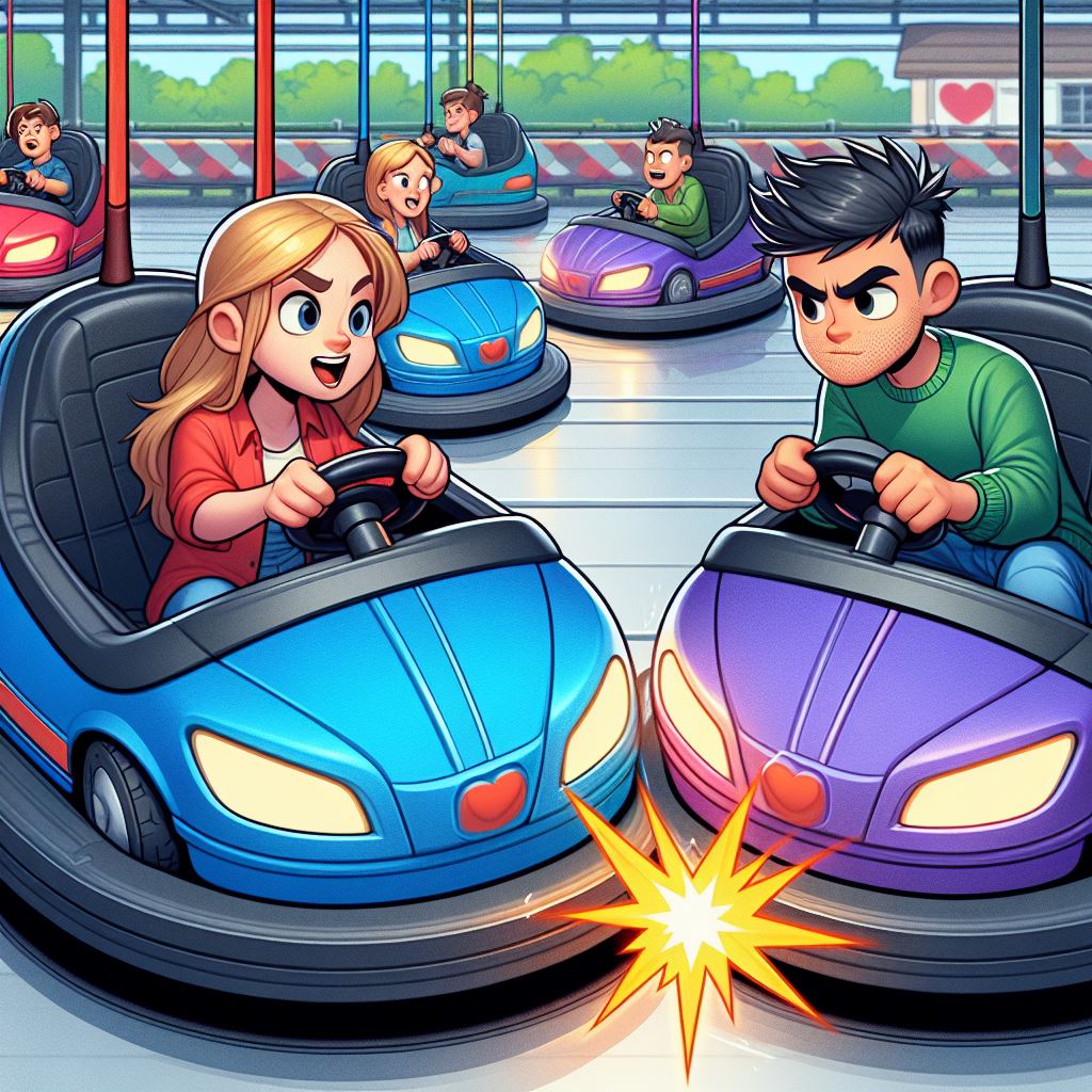 Fun-filled bumper car ride - cartoon-style wide format illustration