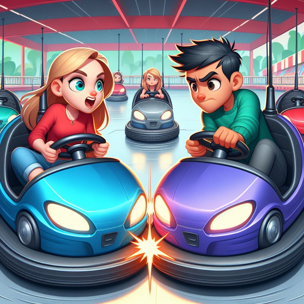 Exciting bumper car ride - cartoon-style wide format illustration