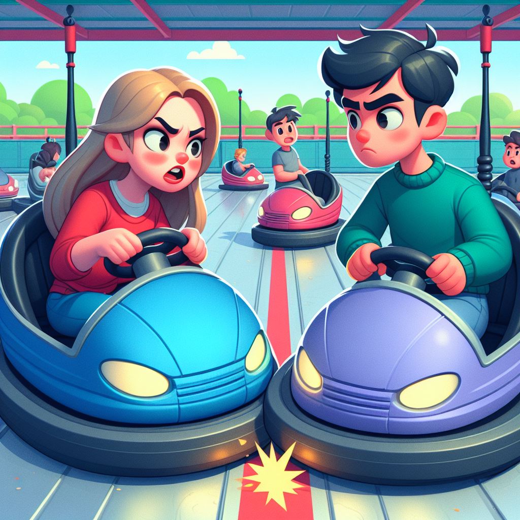 Cartoon-style illustration of bumper cars at amusement park 