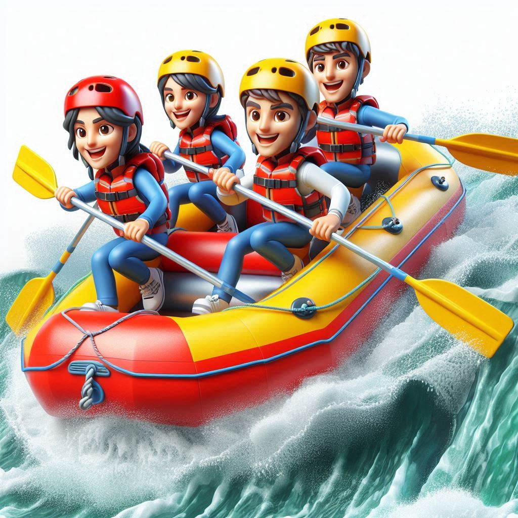 3D cartoon rafting scene: Exaggerated features, red & yellow raft, helmets