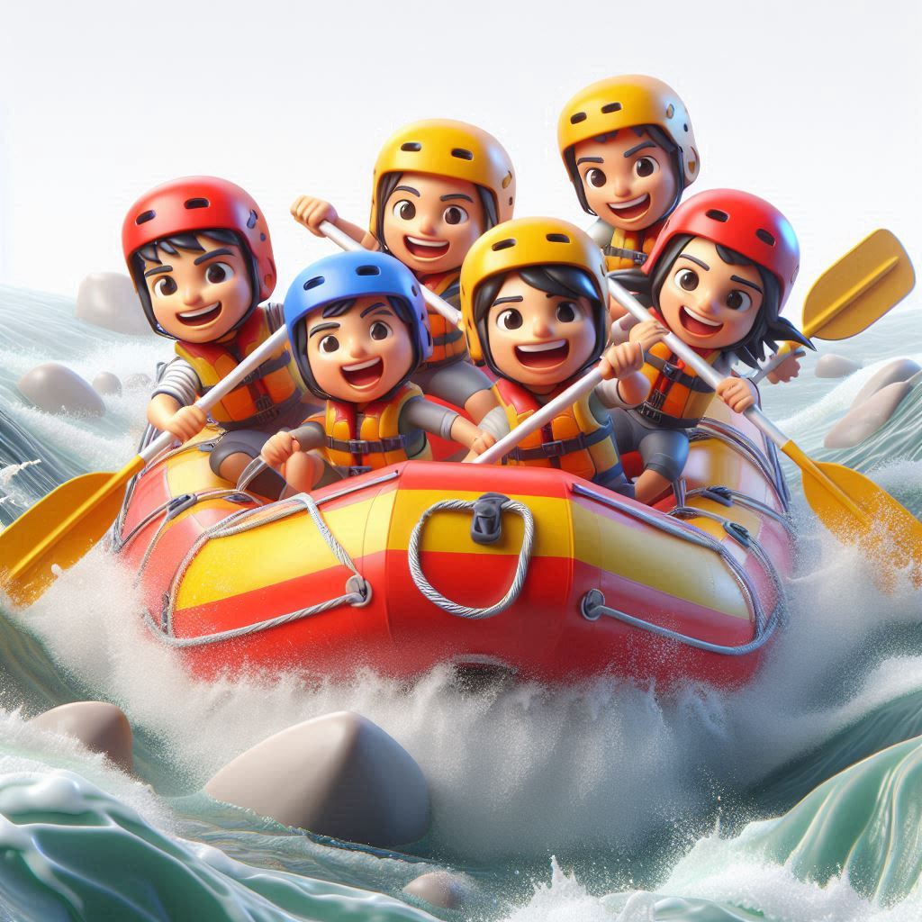 Cartoon whitewater rafting group (3D caricature) in red & yellow raft, wearing helmets.