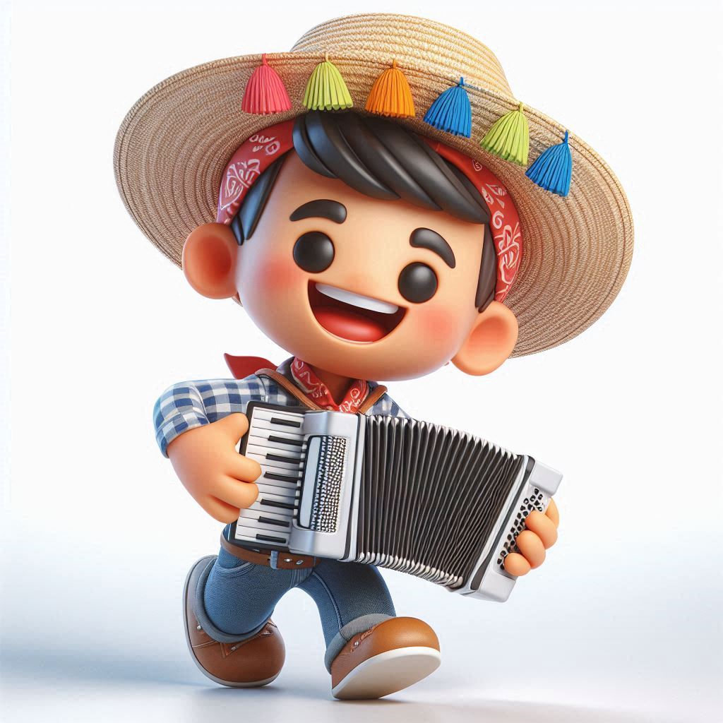 Cheerful accordion player caricature (3D) with straw hat, bandana, plaid & jeans.