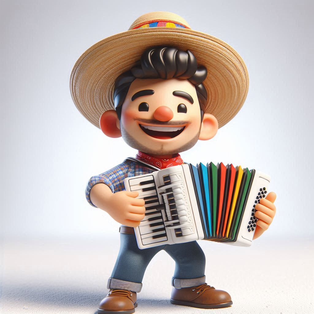 3D caricature: Exaggerated musician with straw hat, bandana, playing accordion (cheerful - plaid shirt, jeans).