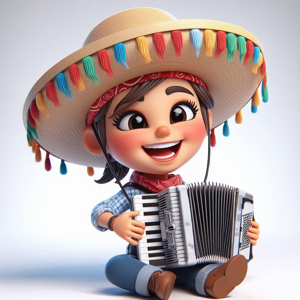 3D cartoon musician with exaggerated features, playing accordion (cheerful - hat, bandana, shirt, jeans).