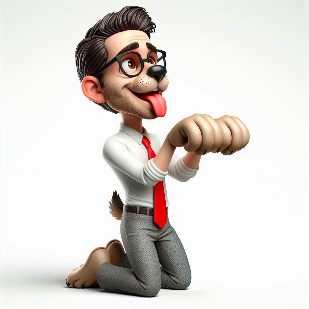 3D caricature: Man in dog-like pose, kneeling with tongue out (hands as paws).