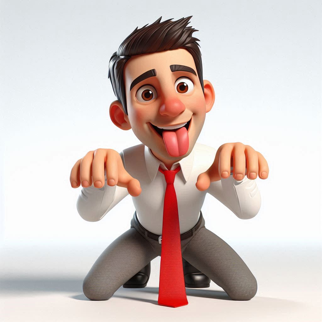 3D caricature illustration: Exaggerated man acting like a dog, kneeling with tongue hanging out (hands as paws).