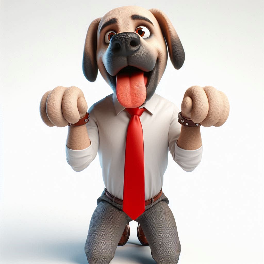 Cartoon man caricature (3D): Down on all fours, tongue out, hands like paws (funny).