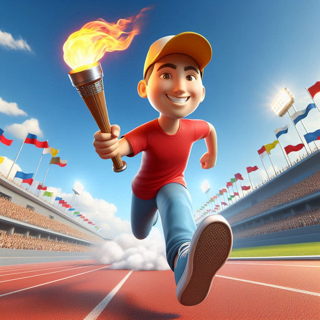 3D caricature: Cheerful runner with torch in a sports stadium (exaggerated features).