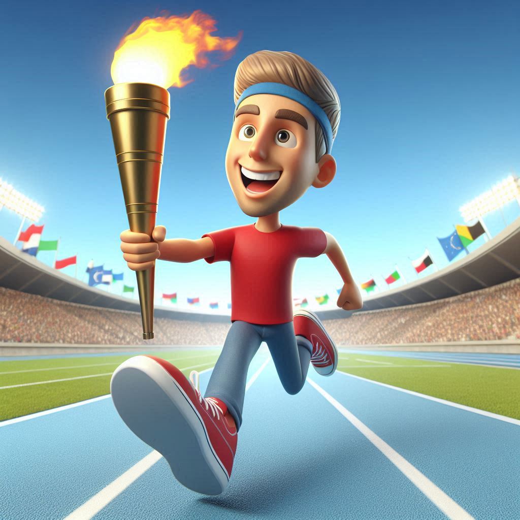 3D caricature: Joyful runner with a torch, racing through a sports stadium (exaggerated).