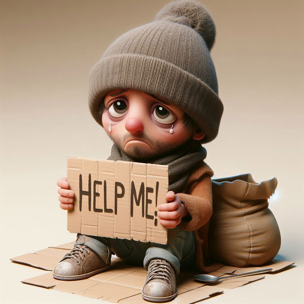 AI art request: Design a 3D caricature of a homeless person (sad) wearing a beanie, scarf, and tattered clothes.