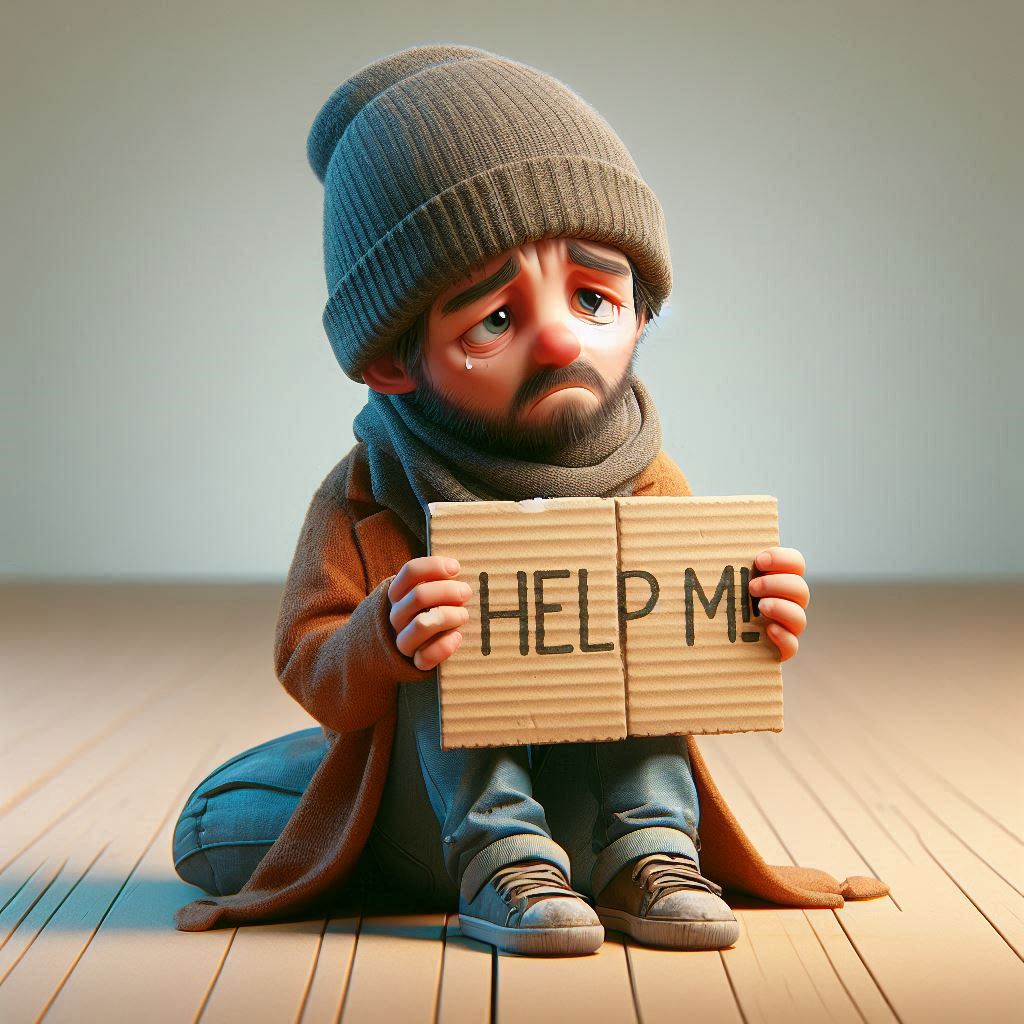 Generate a 3D caricature: Needy homeless person (sad) in beanie, scarf, tattered clothes, holding "HELP ME!" sign.