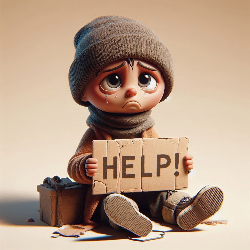 AI prompt for 3D art: Create a caricature in 3D of a homeless person (sad) wearing a beanie, scarf, and tattered clothes. They hold a sign that reads "HELP ME!".