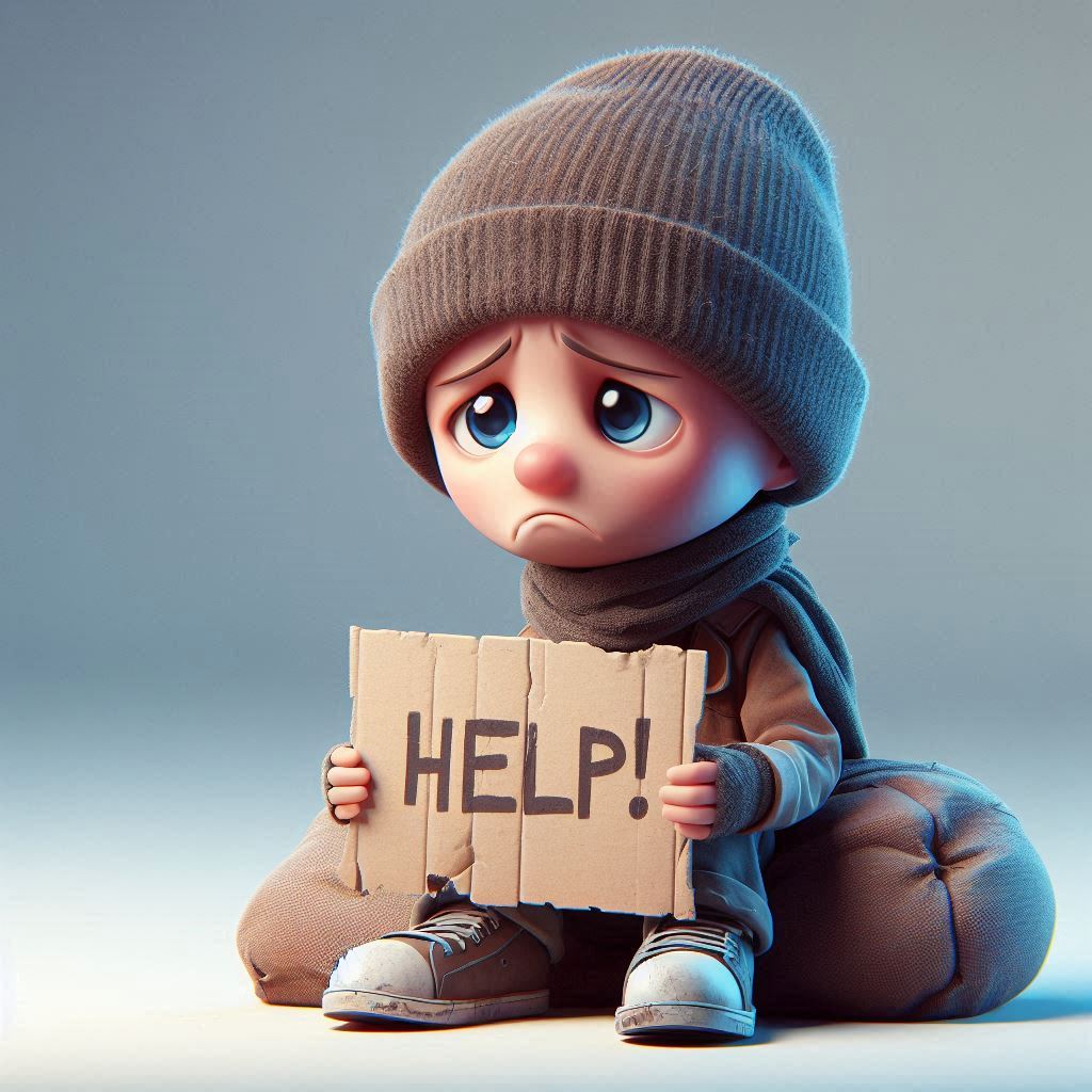 3D caricature: Homeless person (beanie, scarf, ragged clothes) begs for help with "HELP ME!" sign (depressed).